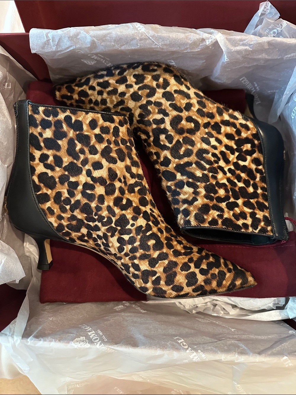 Bruno Magli Francesca Leopard Haircalf Pointed Toe Ankle Booties Sz 6.5